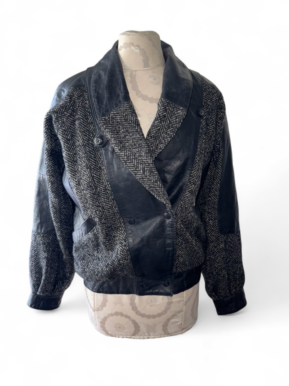Vintage 80s 90s Woven Wool & Leather Mix Bomber Jacket - Black/Grey Size Small